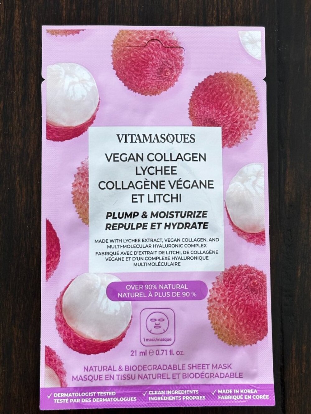 Vitamasques Vegan Collagen Lychee Sheet Mask.